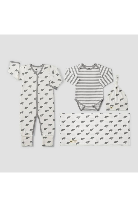 Baby Striped & Elephant Print Layette Set, Gray, 3-6M, 4-Piece