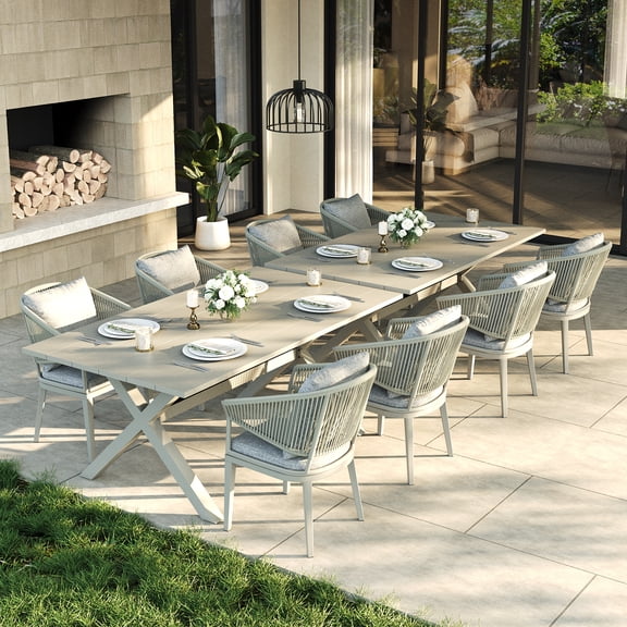 LayinSun 10 Piece Outdoor Dining Table Set, Aluminum Modern Rectangular Dining Table and All-Weather Wicker Chairs Set for Patio Deck Indoor Decor Kitchen