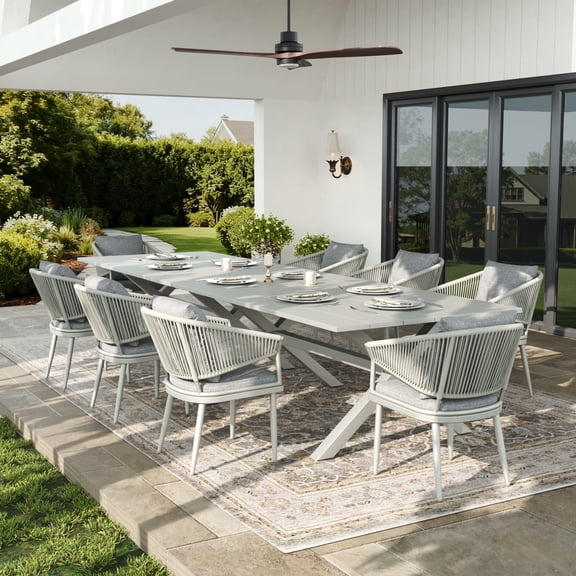 LayinSun 10 Piece Outdoor Dining Table Set, Aluminum Modern Rectangular Dining Table and All-Weather Wicker Chairs Set for Patio Deck Indoor Decor Kitchen