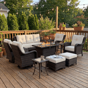 LayinSun 10 Piece Wicker Outdoor Furniture Set with 6-inch Comfy Cushions, High Back Patio Furniture Set with Swivel Rocking Chairs and Fire Pit Table