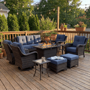 LayinSun 10 Pieces Patio Furniture Sets with Fire Pit Table, Outdoor Wicker Conversation Set with Swivel Chairs and 6" Thick Cushion for Deck Garden Backyard