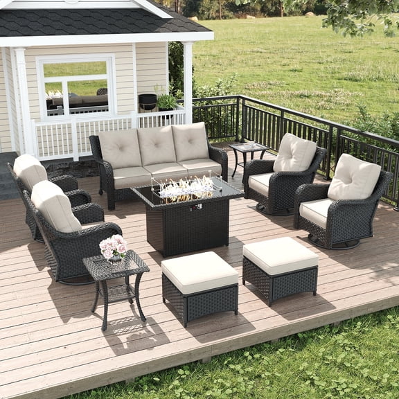 LayinSun 10 Piece Wicker Outdoor Furniture Set with 6-inch Comfy Cushions, High Back Patio Furniture Set with Swivel Rocking Chairs and Fire Pit Table
