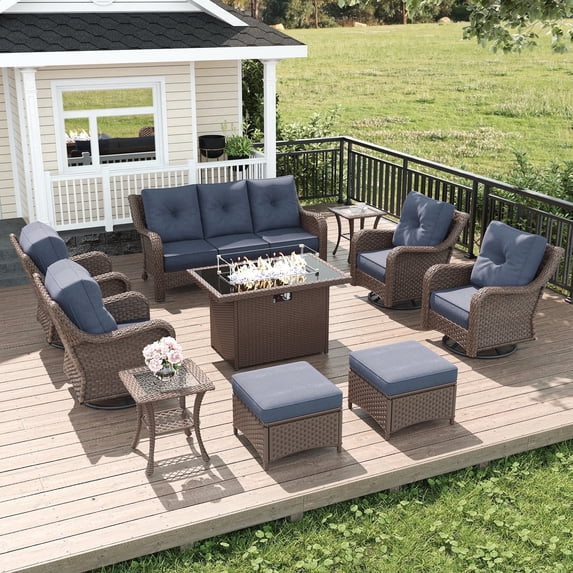 LayinSun 10 Piece Wicker Outdoor Furniture Set with 6-inch Comfy Cushions, High Back Patio Furniture Set with Swivel Rocking Chairs and Fire Pit Table