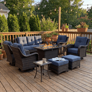 LayinSun 10 Pieces Patio Furniture Sets with Fire Pit Table, Outdoor Wicker Conversation Set with Swivel Chairs and 6" Thick Cushion for Deck Garden Backyard