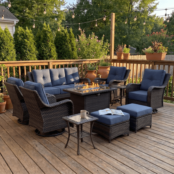LayinSun 10 Pieces Patio Furniture Sets with Fire Pit Table, Outdoor Wicker Conversation Set with Swivel Chairs and 6" Thick Cushion for Deck Garden Backyard