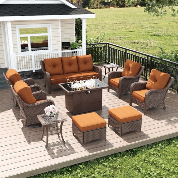 LayinSun 10 Pieces Patio Furniture Sets with Fire Pit Table, Outdoor Wicker Conversation Set with Swivel Chairs and 6" Thick Cushion for Deck Garden Backyard