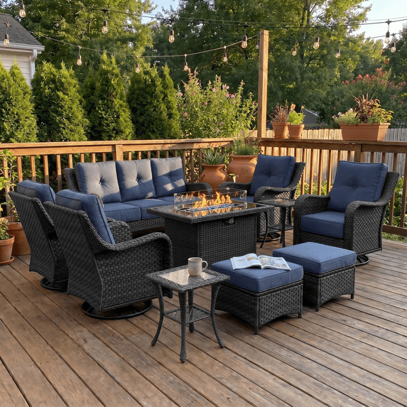 LayinSun 10 Pieces Patio Furniture Sets with Fire Pit Table, Outdoor Wicker Conversation Set with Swivel Chairs and 6" Thick Cushion for Deck Garden Backyard