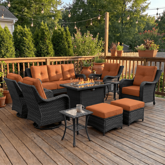LayinSun 10 Pieces Patio Furniture Sets with Fire Pit Table, Outdoor Wicker Conversation Set with Swivel Chairs and 6" Thick Cushion for Deck Garden Backyard