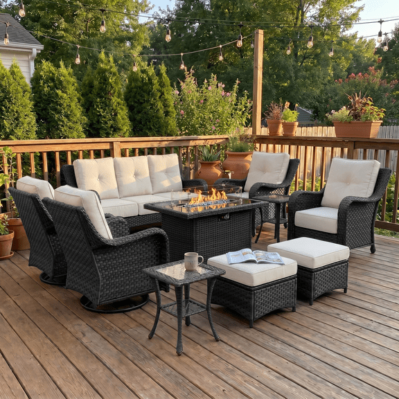 LayinSun 10 Pieces Patio Furniture Sets with Fire Pit Table, Outdoor Wicker Conversation Set with Swivel Chairs and 6" Thick Cushion for Deck Garden Backyard