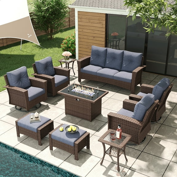 LayinSun 10 Piece Wicker Patio Furniture Set with Fire Pit Table, Classis Outdoor Conversation 360 Degree Swivel Chairs Set with Coffee Table