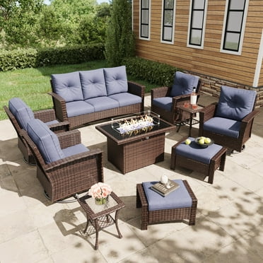 LayinSun 10 Piece Wicker Patio Furniture Set with Fire Pit Table, Classis Outdoor Conversation 360 Degree Swivel Chairs Set with Coffee Table