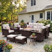 LayinSun 10 Piece Wicker Patio Furniture Set with Fire Pit Table, Classis Outdoor Conversation 360 Degree Swivel Chairs Set with Coffee Table