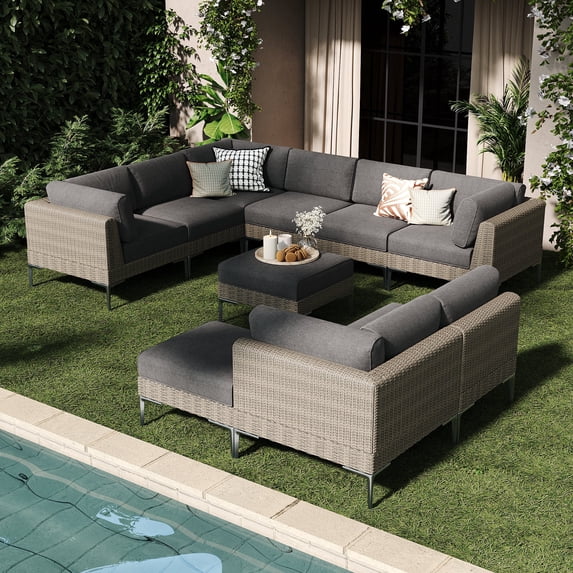 LayinSun 10-Piece Wicker Rattan Patio Furniture Set, Deep Seating Outdoor Modular Sectional Sofa Conversation Set with Thick Cushions for Lawn, Garden
