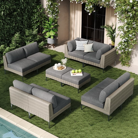 LayinSun 10-Piece Wicker Rattan Patio Furniture Set, Deep Seating Outdoor Modular Sectional Sofa Conversation Set with Thick Cushions for Lawn, Garden