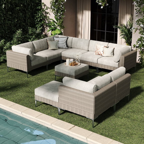 LayinSun 10-Piece Wicker Rattan Patio Furniture Set, Deep Seating Outdoor Modular Sectional Sofa Conversation Set with Thick Cushions for Lawn, Garden