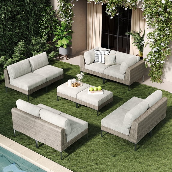 LayinSun 10-Piece Wicker Rattan Patio Furniture Set, Deep Seating Outdoor Modular Sectional Sofa Conversation Set with Thick Cushions for Lawn, Garden