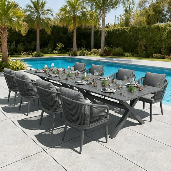 LayinSun 10 Pieces Outdoor Patio Dining Set, Aluminium Rectangular Dining Table and Wicker Rattan Chairs Set for Outside Backyard, Poolside