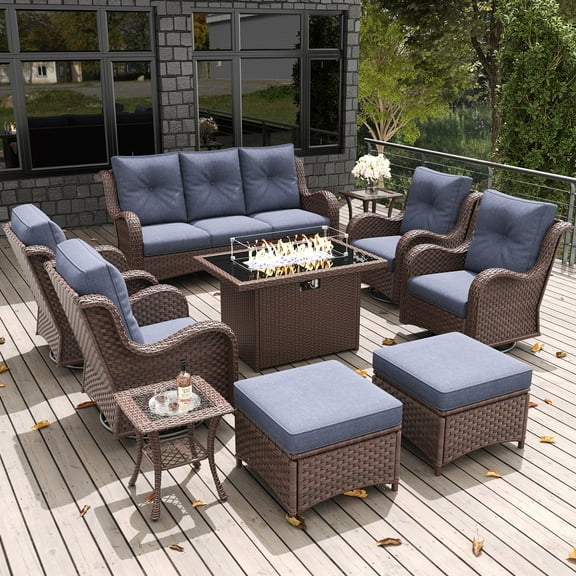 LayinSun 10 Pieces Outdoor Patio Furniture Set with Fire Pit Table, Rattan Wicker Sectional Swivel Rocker Chairs Sets with Ottomans, Swivel Glider Chairs and Coffee Table