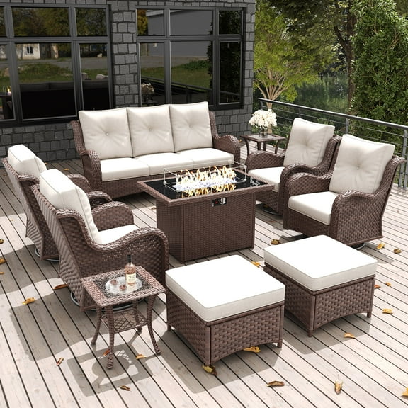 LayinSun 10 Pieces Outdoor Patio Furniture Set with Fire Pit Table, Rattan Wicker Sectional Swivel Rocker Chairs Sets with Ottomans, Swivel Glider Chairs and Coffee Table