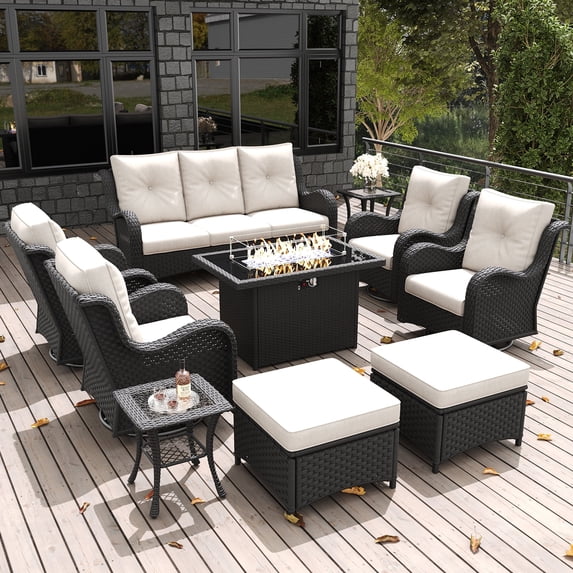 LayinSun 10 Pieces Outdoor Patio Furniture Set with Fire Pit Table, Rattan Wicker Sectional Swivel Rocker Chairs Sets with Ottomans, Swivel Glider Chairs and Coffee Table