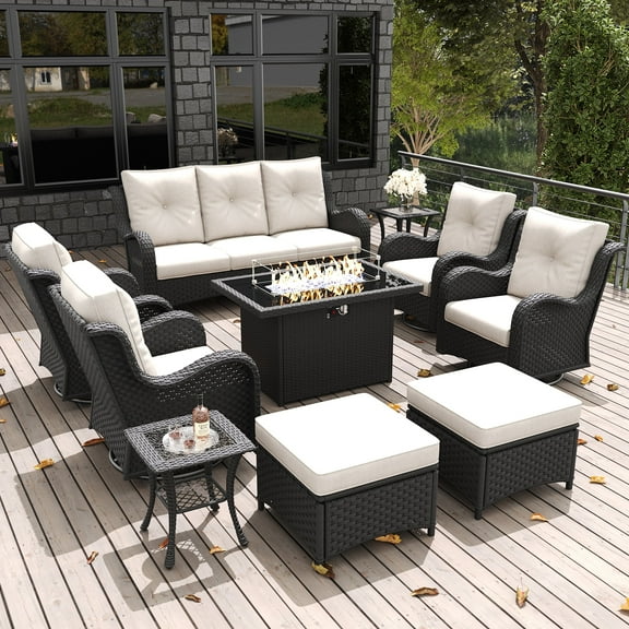 LayinSun 10 Pieces Outdoor Patio Furniture Set with Fire Pit Table, Rattan Wicker Sectional Swivel Rocker Chairs Sets with Ottomans, Swivel Glider Chairs and Coffee Table