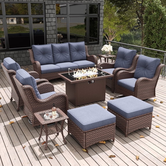 LayinSun 10 Pieces Outdoor Patio Furniture Set with Fire Pit Table, Rattan Wicker Sectional Swivel Rocker Chairs Sets with Ottomans, Swivel Glider Chairs, Single Chairs and Coffee Table