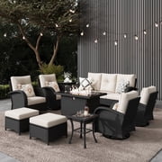 LayinSun 10 Pieces Outdoor Patio Furniture Set with Fire Pit Table, Rattan Wicker Sectional Swivel Rocker Chairs Sets
