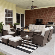 LayinSun 10 Pieces Outdoor Patio Furniture Set with Fire Pit Table, Rattan Wicker Sectional Swivel Rocker Chairs Sets