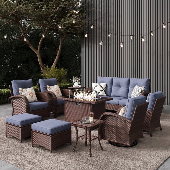 LayinSun 10 Pieces Outdoor Patio Furniture Set with Fire Pit Table, Rattan Wicker Sectional Swivel Rocker Chairs Sets
