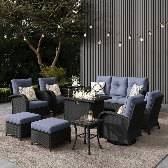 LayinSun 10 Pieces Outdoor Patio Furniture Set with Fire Pit Table, Rattan Wicker Sectional Swivel Rocker Chairs Sets