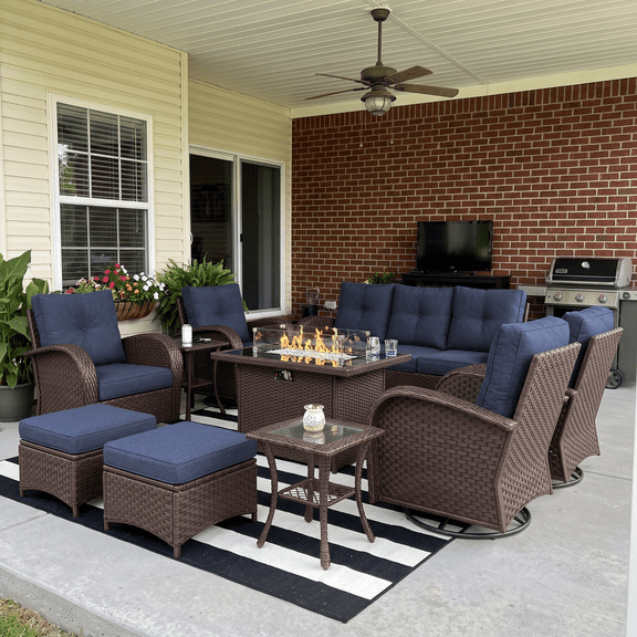 LayinSun 10 Pieces Outdoor Patio Furniture Set with Fire Pit Table, Rattan Wicker Sectional Swivel Rocker Chairs Sets