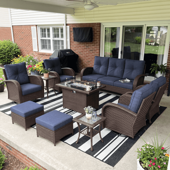 LayinSun 10 Pieces Outdoor Patio Furniture Set with Fire Pit Table, Rattan Wicker Sectional Swivel Rocker Chairs Sets