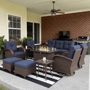 LayinSun 10 Pieces Outdoor Patio Furniture Set with Fire Pit Table, Rattan Wicker Sectional Swivel Rocker Chairs Sets