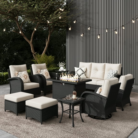 LayinSun 10 Pieces Outdoor Patio Furniture Set with Fire Pit Table, Rattan Wicker Sectional Swivel Rocker Chairs Sets