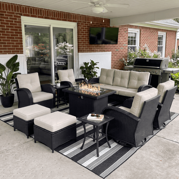 LayinSun 10 Pieces Outdoor Patio Furniture Set with Fire Pit Table, Rattan Wicker Sectional Swivel Rocker Chairs Sets