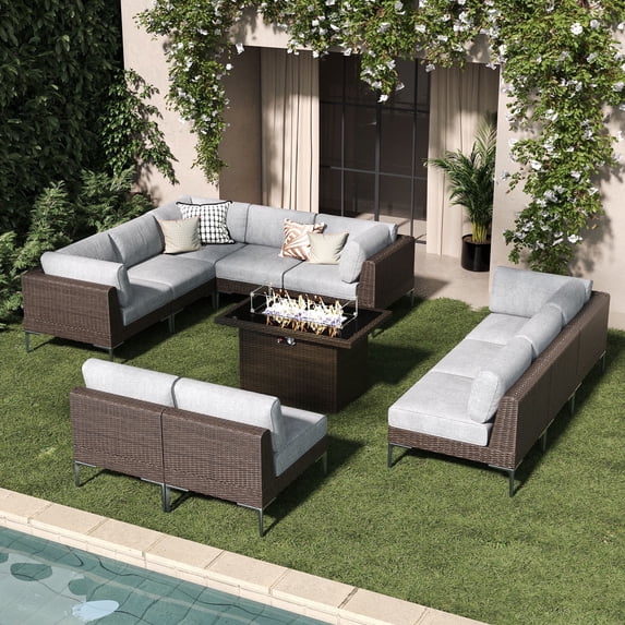 LayinSun 11-Piece Outdoor Modular Wicker Sectional Sofa with Fire Pit Table, Patio Furniture Conversation Set with Deep Seating and Thick Cushions