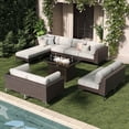 thumbnail image 1 of LayinSun 11-Piece Outdoor Modular Wicker Sectional Sofa with Fire Pit Table, Patio Furniture Conversation Set with Deep Seating and Thick Cushions, 1 of 10