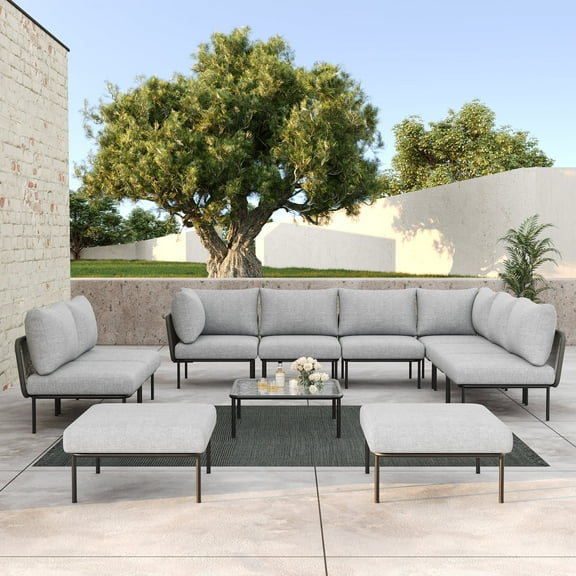 LayinSun 11 Pieces Aluminum Patio Furniture Set, Modern Modular Sectional Sofa with Coffee Table and Upgrade Thickness Cushion