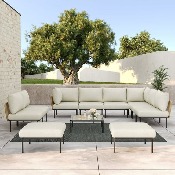 LayinSun 11 Pieces Aluminum Patio Furniture Set, Modern Modular Sectional Sofa with Coffee Table and Upgrade Thickness Cushion