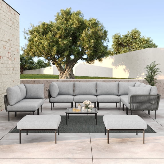 LayinSun 11 Pieces Aluminum Patio Furniture Set, Modern Modular Sectional Sofa with Coffee Table and Upgrade Thickness Cushion