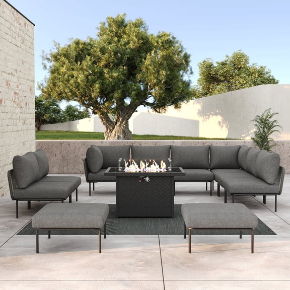 LayinSun 11 Pieces Aluminum Patio Furniture Set, Modern Modular Sectional Sofa with Fire Pit Table and Upgrade Thickness Cushion