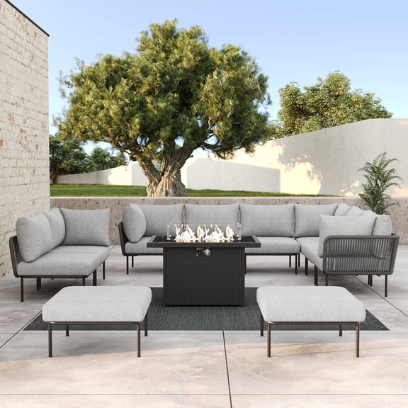 LayinSun 11 Pieces Aluminum Patio Furniture Set, Modern Modular Sectional Sofa with Fire Pit Table and Upgrade Thickness Cushion