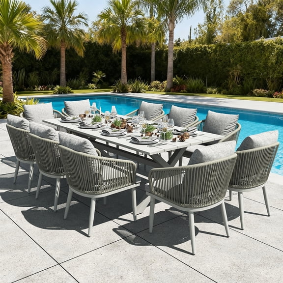LayinSun 11 Pieces Outdoor Patio Dining Set, Aluminium Rectangular Dining Table and Wicker Rattan Chairs Set for Outside Backyard, Poolside