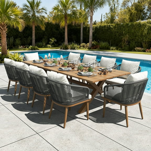 LayinSun 11 Pieces Outdoor Patio Dining Set, Aluminium Rectangular Dining Table and Wicker Rattan Chairs Set for Outside Backyard, Poolside