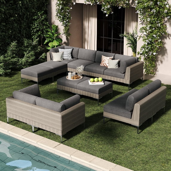 LayinSun 12-Piece Wicker Rattan Patio Furniture Set, Deep Seating Outdoor Modular Sectional Sofa Conversation Set with Thick Cushions for Lawn, Garden