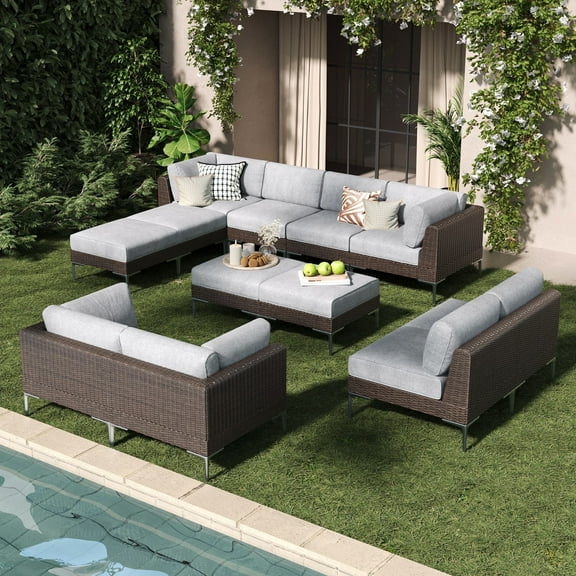 LayinSun 12-Piece Wicker Rattan Patio Furniture Set, Deep Seating Outdoor Modular Sectional Sofa Conversation Set with Thick Cushions for Lawn, Garden