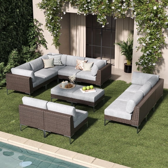 LayinSun 12-Piece Wicker Rattan Patio Furniture Set, Deep Seating Outdoor Modular Sectional Sofa Conversation Set with Thick Cushions for Lawn, Garden