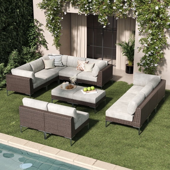 LayinSun 12-Piece Wicker Rattan Patio Furniture Set, Deep Seating Outdoor Modular Sectional Sofa Conversation Set with Thick Cushions for Lawn, Garden