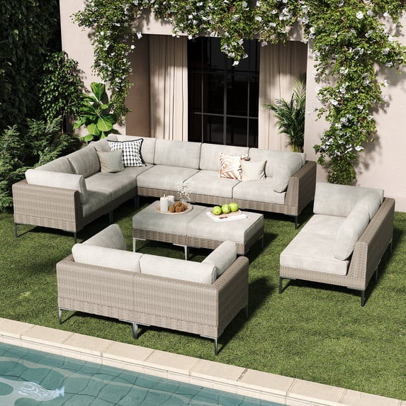 LayinSun 12-Piece Wicker Rattan Patio Furniture Set, Deep Seating Outdoor Modular Sectional Sofa Conversation Set with Thick Cushions for Lawn, Garden
