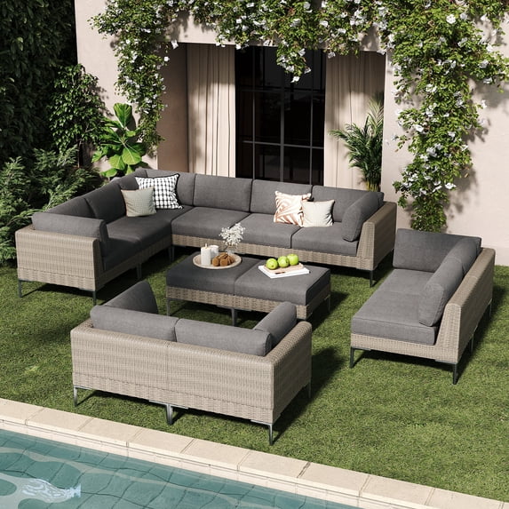 LayinSun 12-Piece Wicker Rattan Patio Furniture Set, Deep Seating Outdoor Modular Sectional Sofa Conversation Set with Thick Cushions for Lawn, Garden